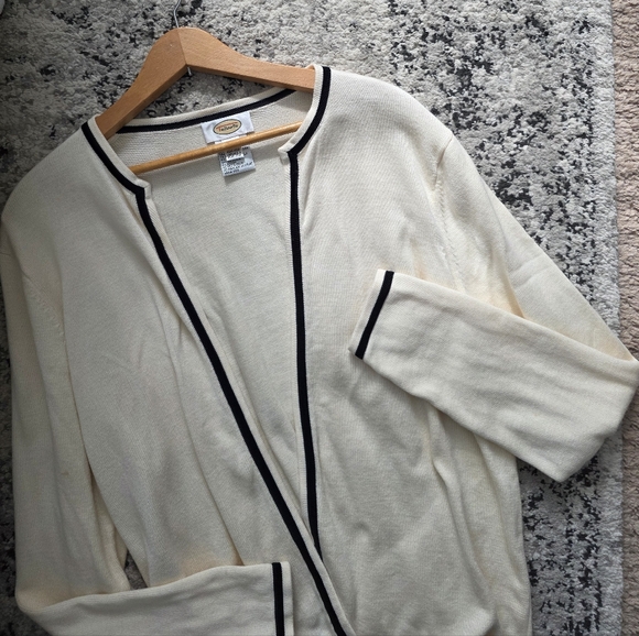 Talbots Sweaters - Vintage Talbots Cardigan Sweater Womens L Cream With Black Trim Preppy 90s Chic